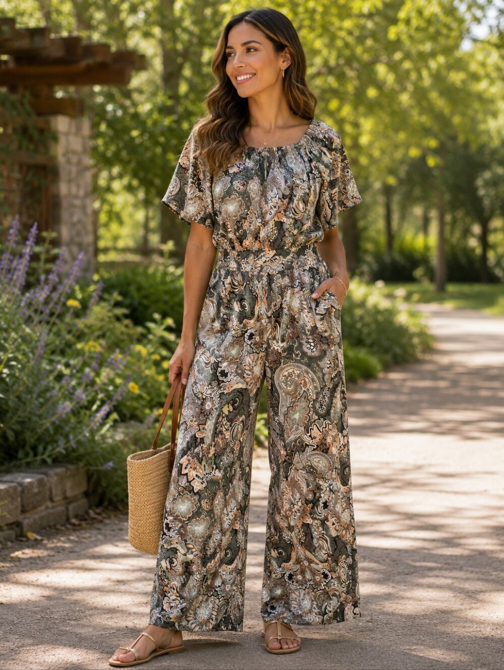 Zara Basic Paisley Print Set - Green & Peach Boho‎ Style